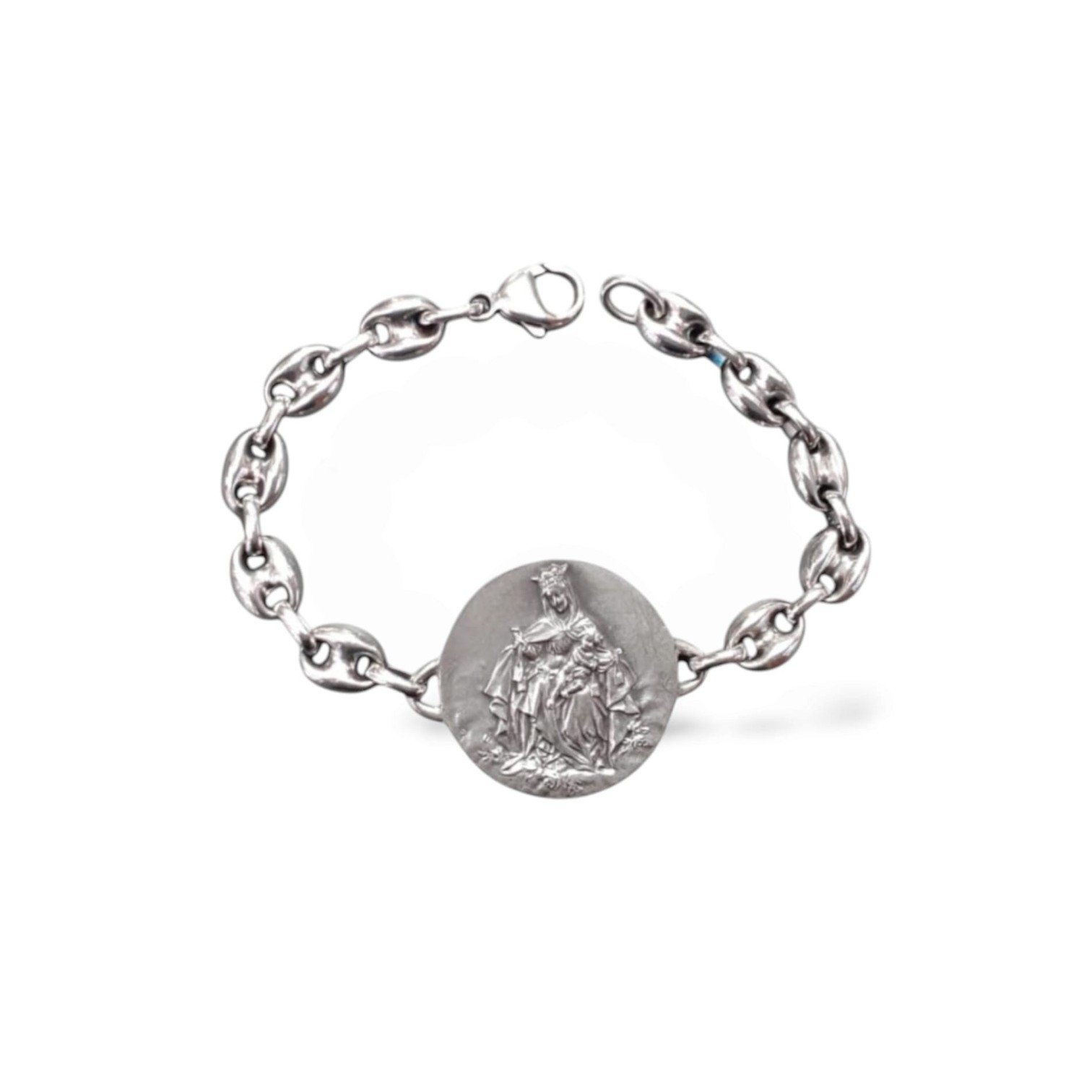 pulsera escapulario en plata. virgen del carmen y sagrado corazón